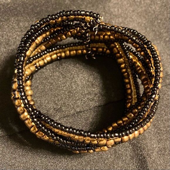 Cuff Bracelet Copper and Black Vintage Woven Beaded Adjustable One Size - Picture 5 of 6